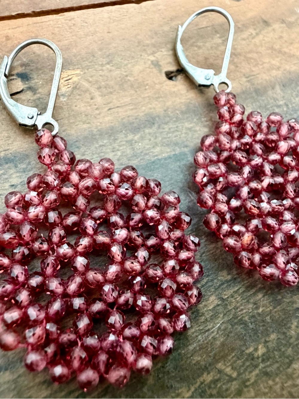 MGI 925 STERLING SILVER WOVEN GARNET BEADED DANGLE EARRINGS 1.75”VINTAGE QVC/HSN